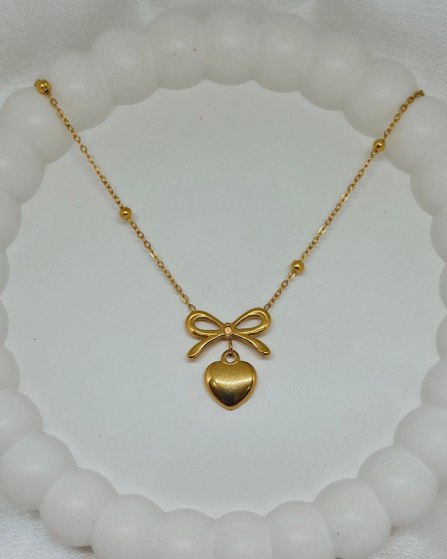 Bow Heart Charm Necklace (With beaded chain)