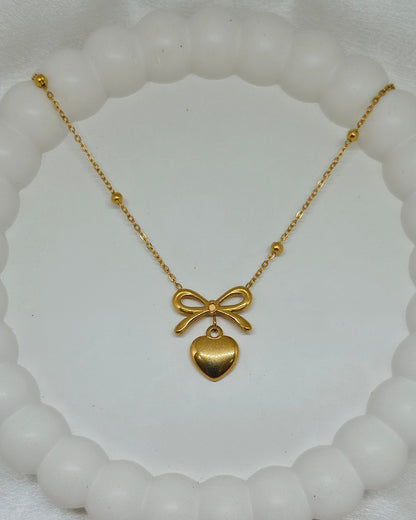 Bow Heart Charm Necklace (With beaded chain)