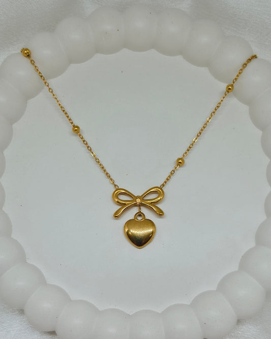 Bow Heart Charm Necklace (With beaded chain)