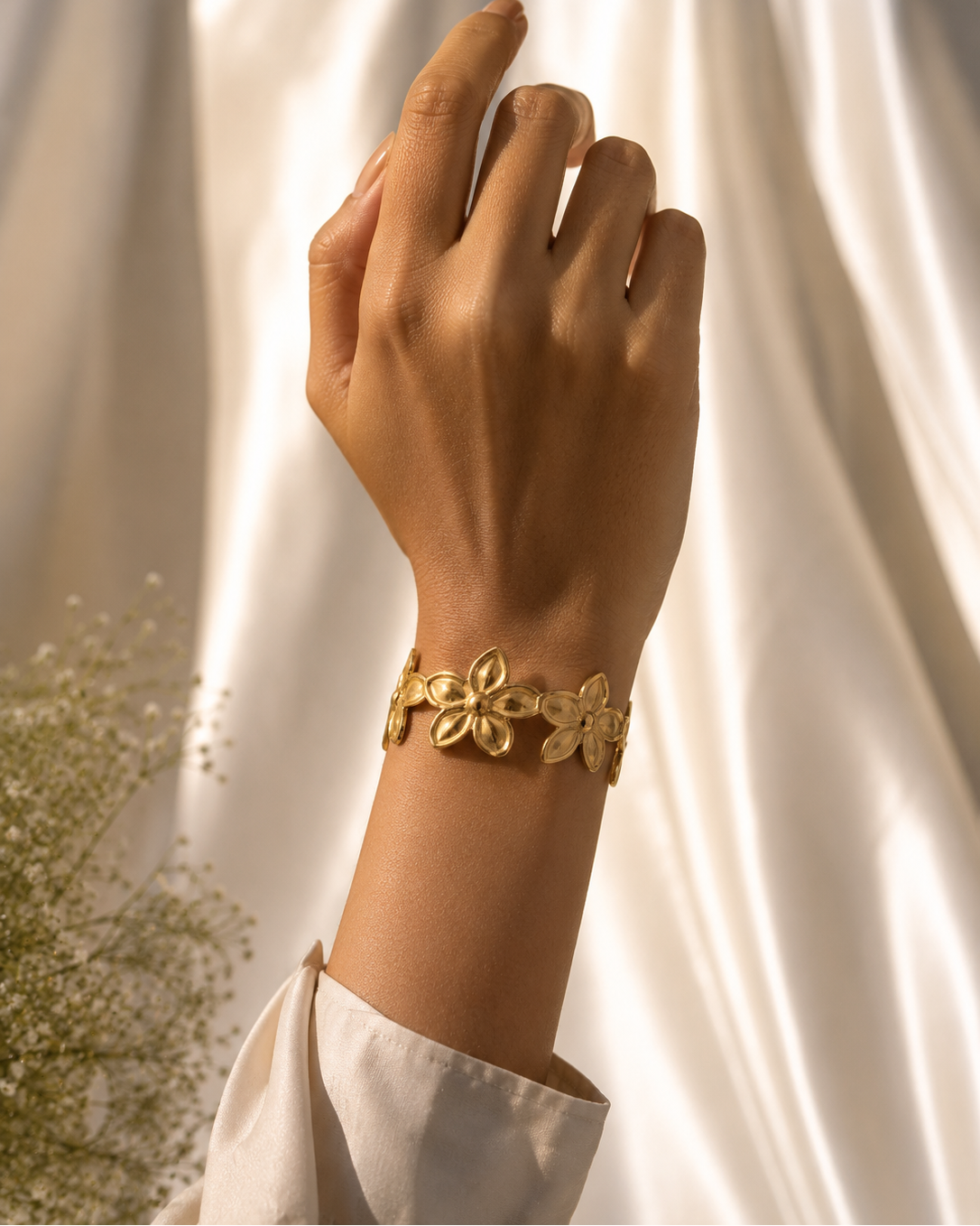 Interconnected flower cuff bracelet