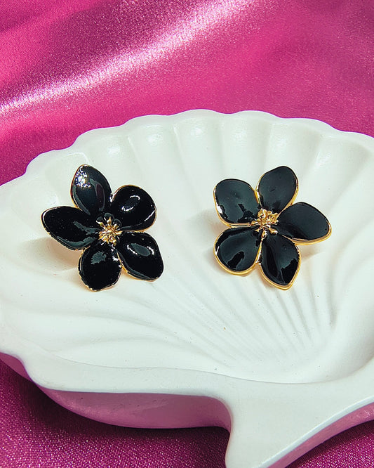 Black blossom enamel stud earrings