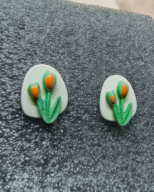 Korean orange tulip flower mini stud earrings